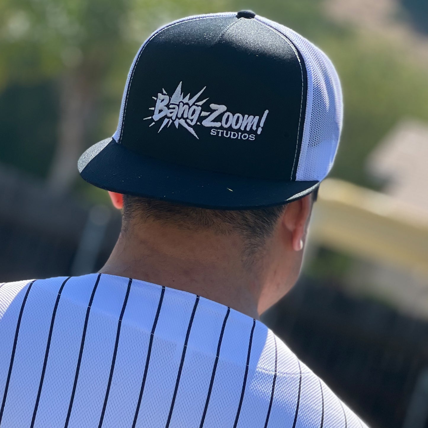 Black & White Trucker Cap with White Bang Zoom! logo