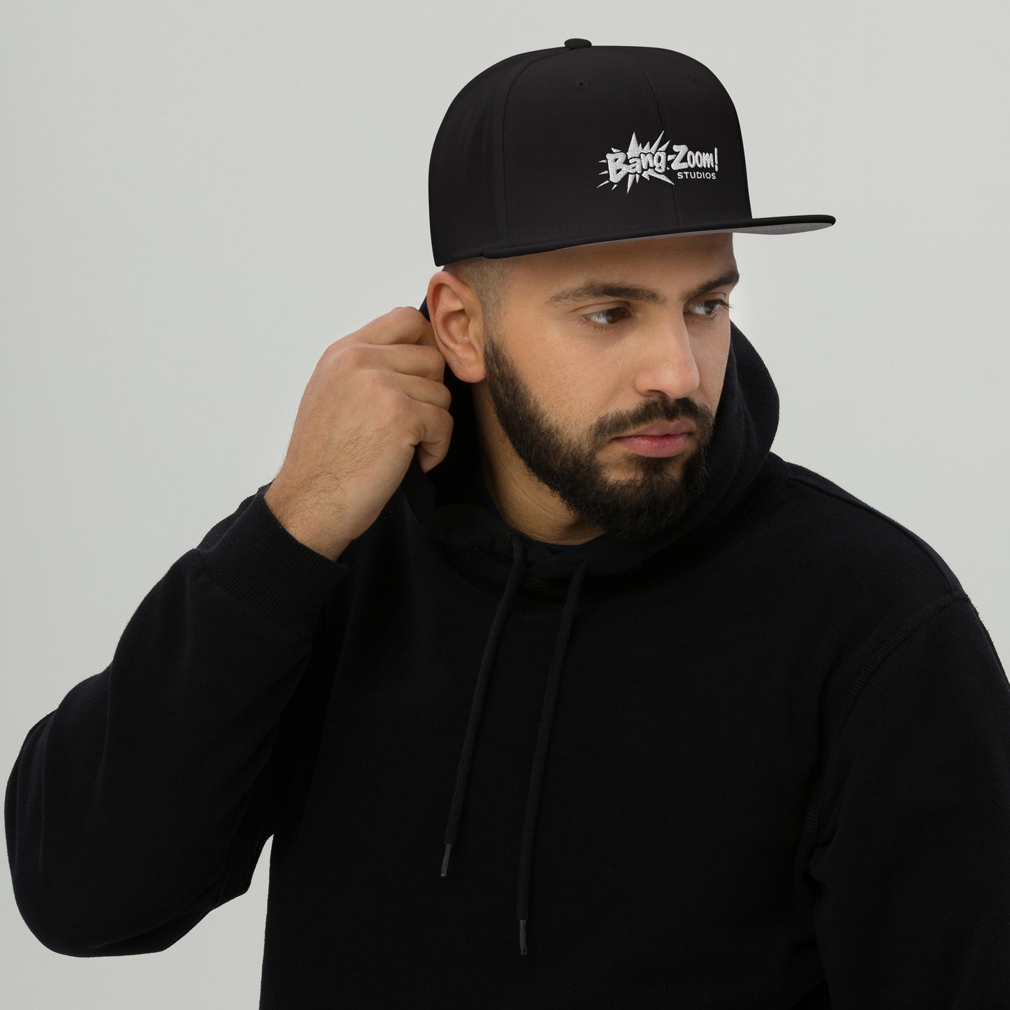 White Bang Zoom! Logo on Black Snapback-Flatbrim Cap