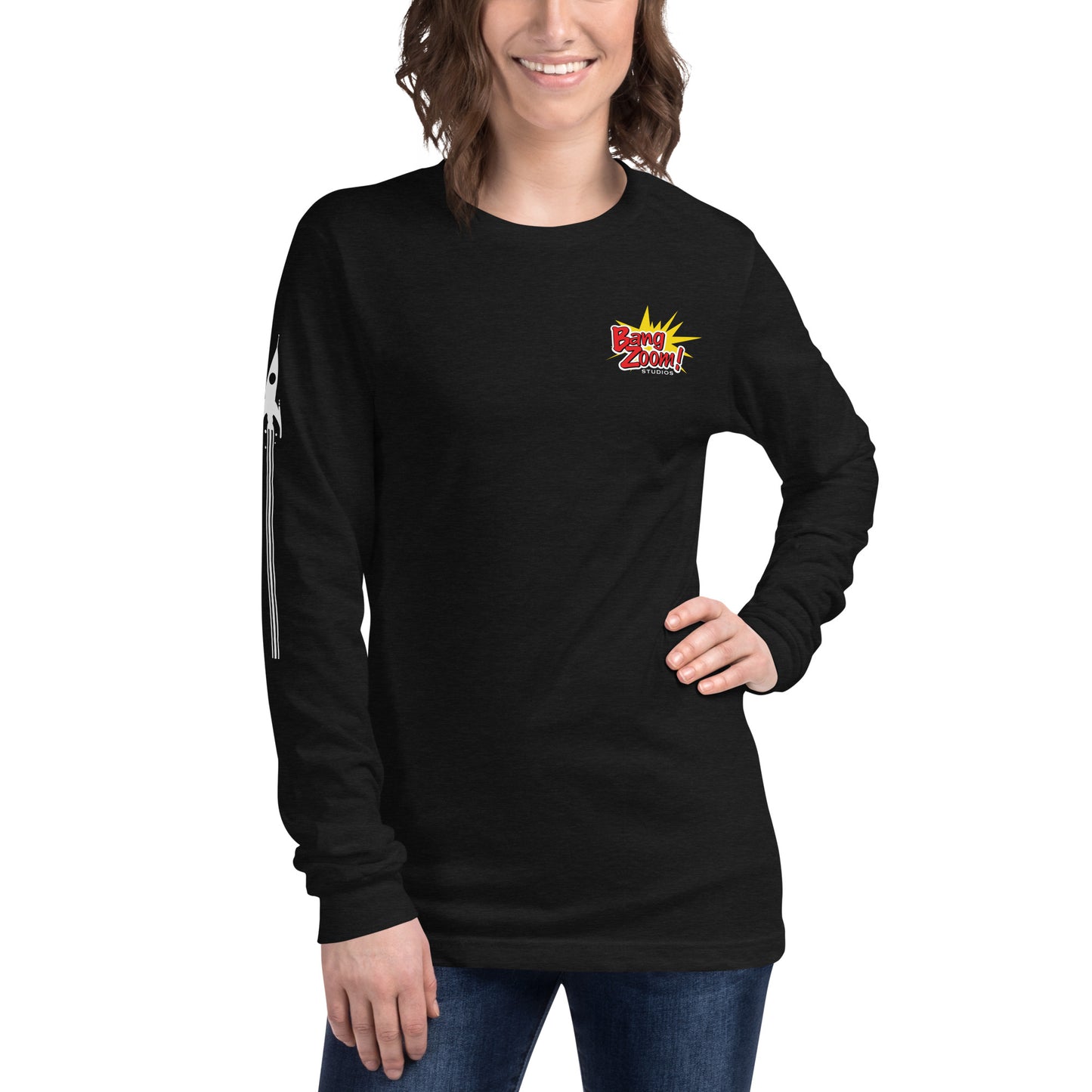 Unisex Bang Zoom! Long Sleeve Tee with side Rocket Printing