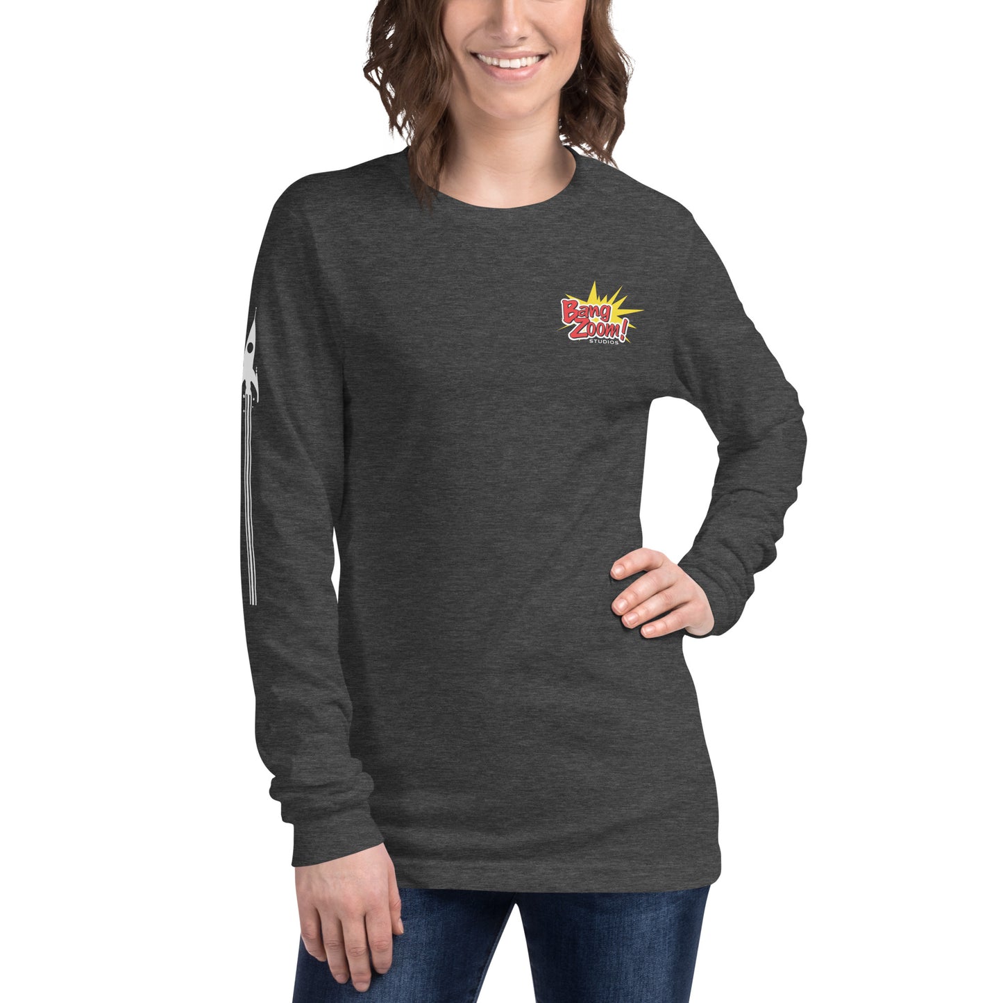 Unisex Bang Zoom! Long Sleeve Tee with side Rocket Printing