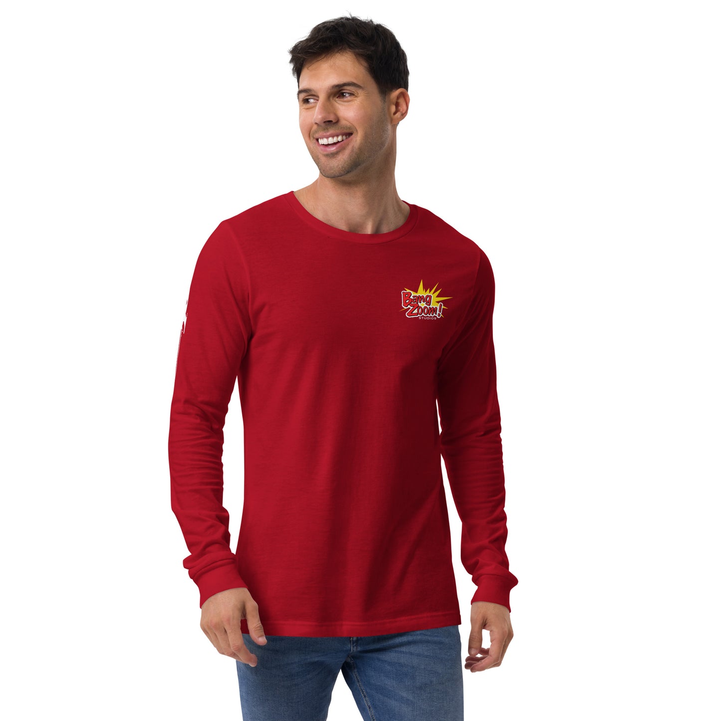 Unisex Bang Zoom! Long Sleeve Tee with side Rocket Printing