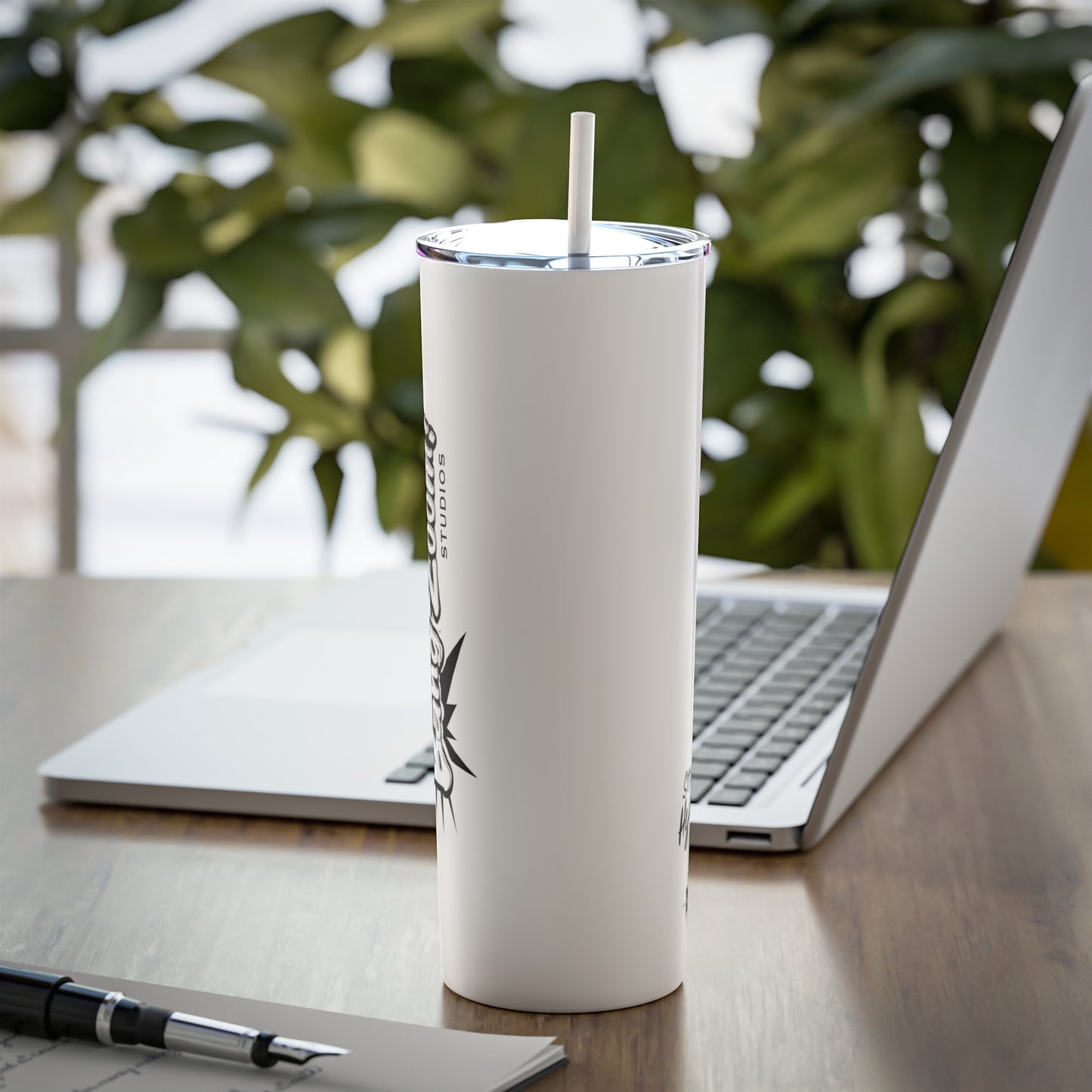 Black Bang Zoom! Logo on White Tumbler with Straw, 20oz