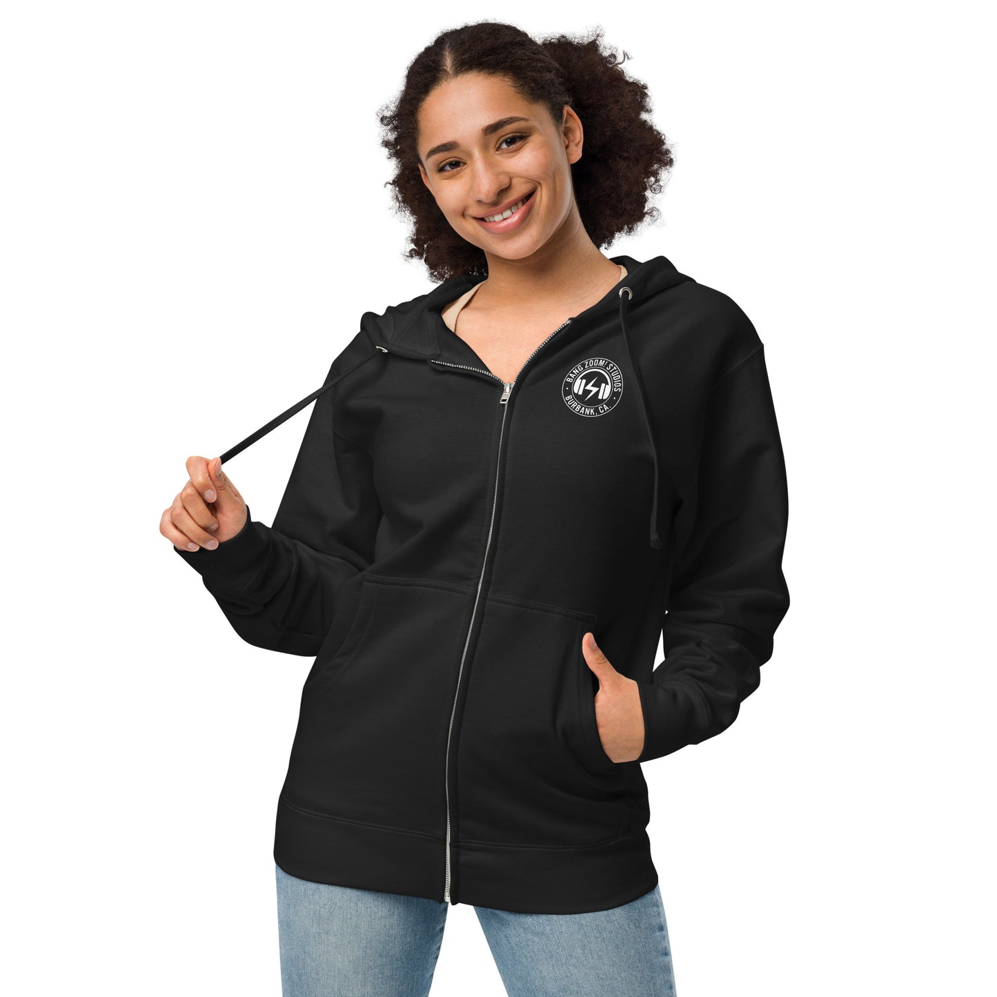 Unisex Bang Zoom Headphone Logo fleece zip up hoodie with back printing