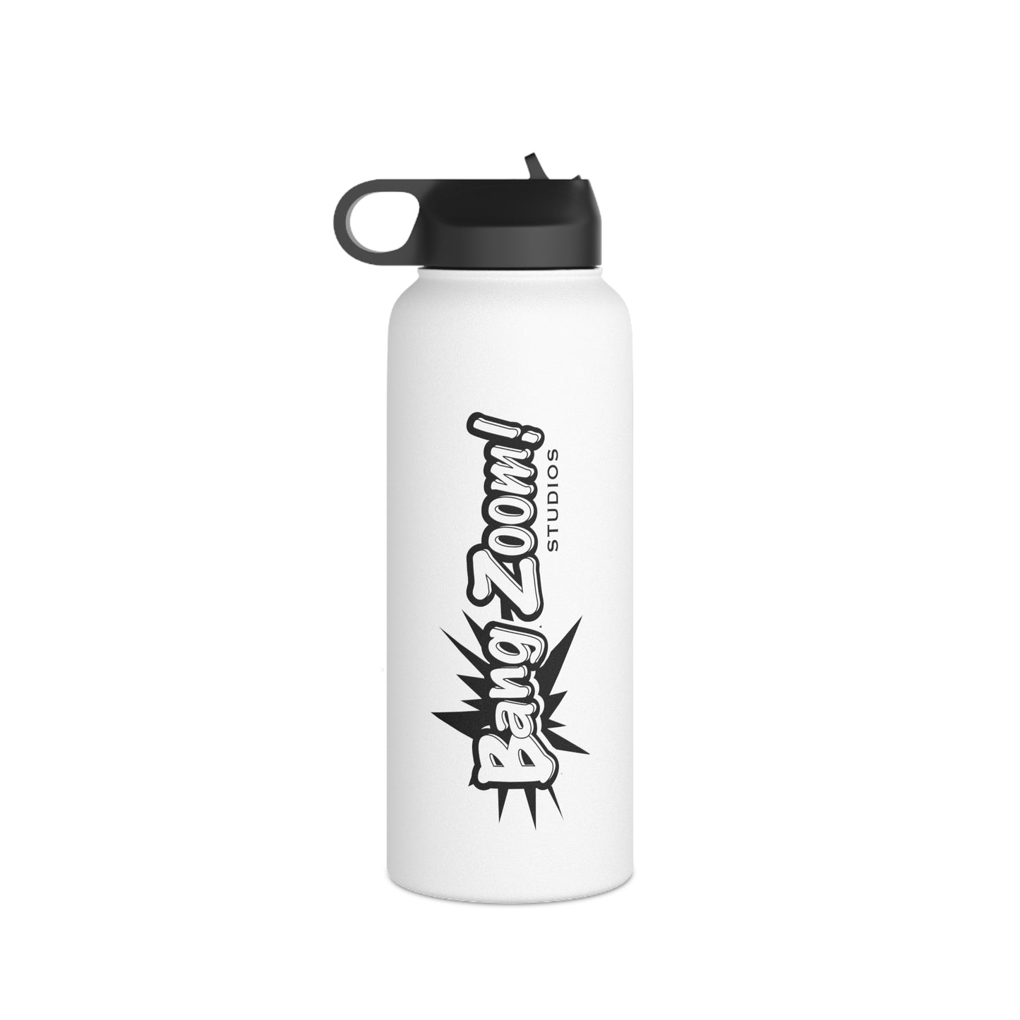 White Stainless Steel Water Bottle w Black Bang Zoom! Logo,  12, 18, or 32 oz.